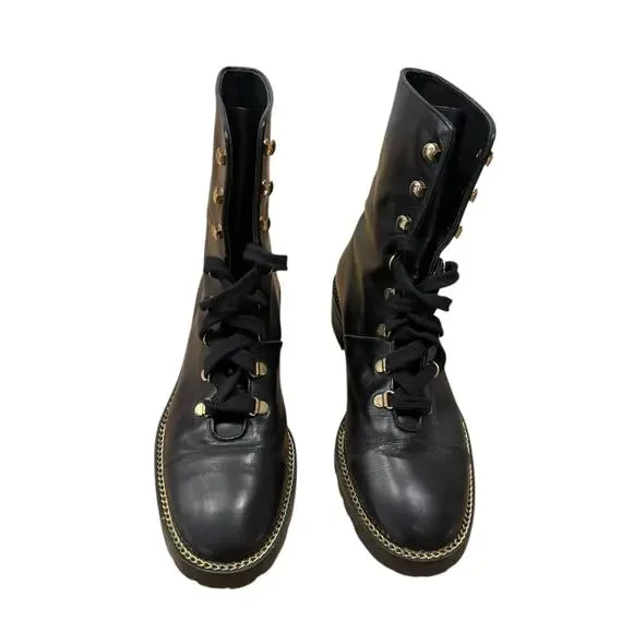 Stuart Weitzman Kolbie Black Leather Chain Combat Boot 39 Black